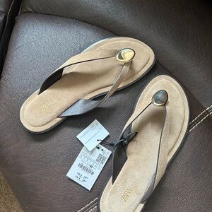 Zara Tan and Black Thong Sandals